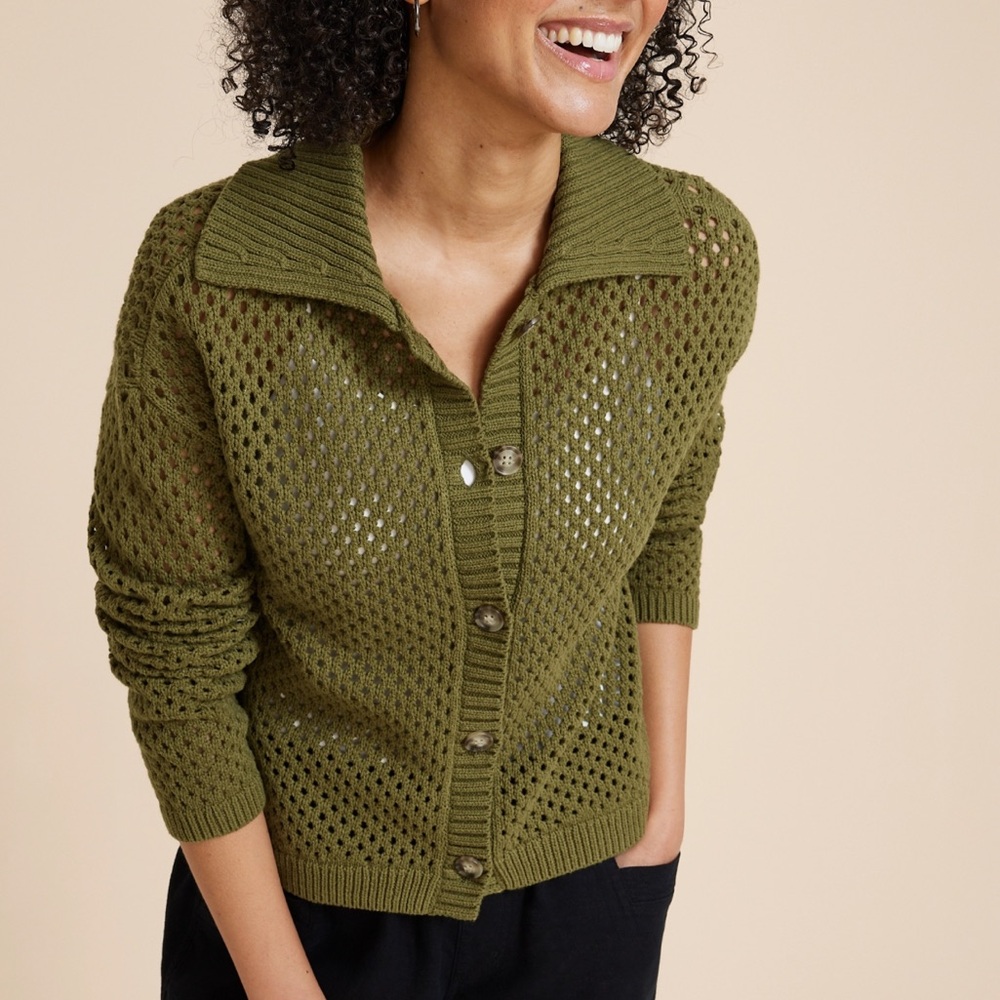 Maurices Olive Green Open-Knit Button Cardigan